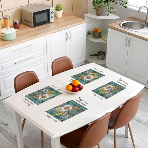 Miniatura 3 de jejeloiu Juego de 4 manteles individuales de girasol, manteles individuales con estampado floral, patrón de flores amarillas, manteles individuales