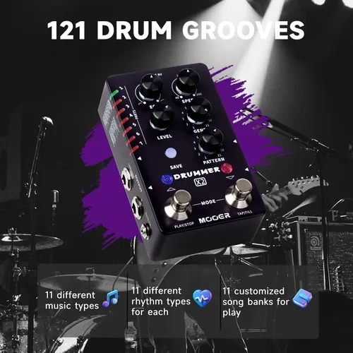 Miniatura 2 de Pedal de guitarra con máquina de batería MOOER con 121 ritmos de batería, 11 estilos musicales, 7 ranuras de ritmo, función de relleno, botón