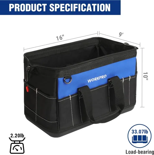 Miniatura 2 de WORKPRO - Bolso de herramientas de 16 pulgadas, con abertura ancha y base moldeada impermeable