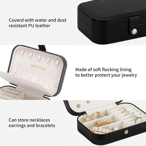 Miniatura 5 de Smileshe Joyero estuche de viaje portátil pequeño de piel sintética organizador de 2 capas cajas de almacenamiento para anillos aretes collares