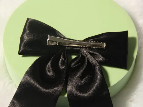 Miniatura 5 de Furling Pompoms Pinzas para el cabello con cola larga, 2 pinzas para el pelo de cinta negra para mujer, pasadores de lazo de satén, lazos grandes