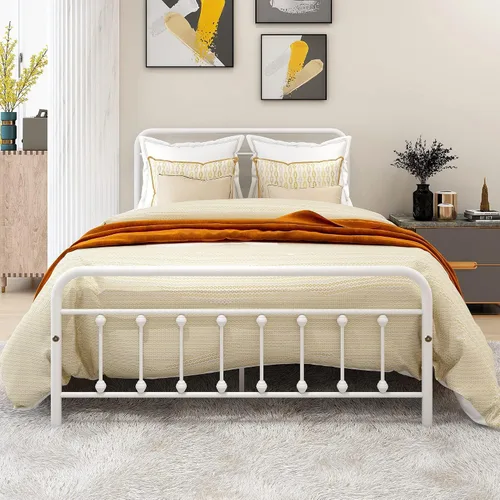Base de cama metálica tamaño matrimonial, vintage y resistente con cabecera y base de colchón con estribo, no necesita somier, color blanco