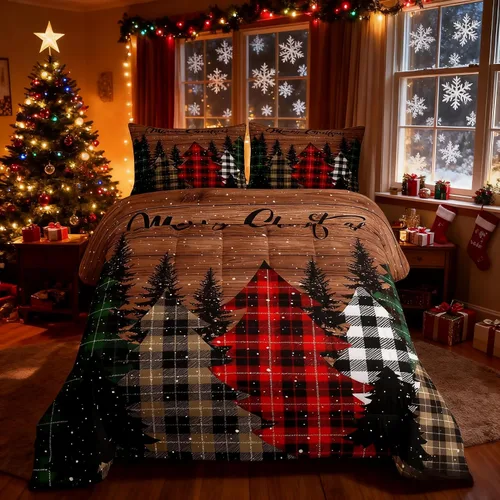 Miniatura 56 de Juego de edredón de Feliz Navidad para niños, tamaño twin, juego de ropa de cama de camión rojo árboles de pino copos de nieve, decoración