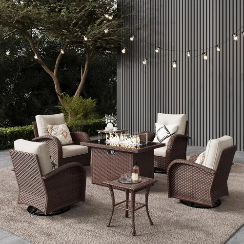 Miniatura 12 de LayinSun - Juego de 10 piezas de muebles seccionales de patio para el aire libre con mesa para fogata, juegos de sillas giratorias reclinables