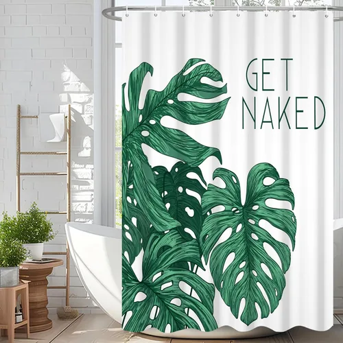 Cortina de ducha con estampado de hojas de palmera verdes, impermeable, lavable, decoración de bañera, juego de cortina de ducha con ganchos, 48 x