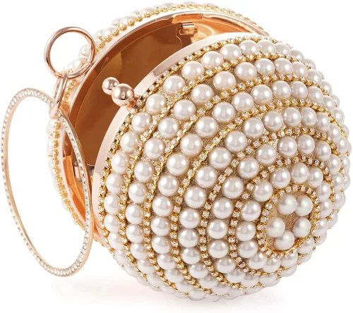 Miniatura 2 de Bolso redondo de la bola del embrague de la mujer deslumbrante completo Rhinestone borlas anillo de la manija del bolso de las perlas de la noche
