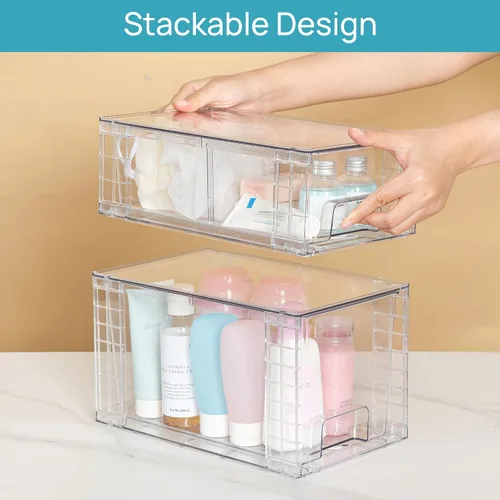 Miniatura 7 de Vtopmart Paquete de 4 cajones de almacenamiento apilables transparentes, para debajo del fregadero y la cocina, cajones de plástico fáciles