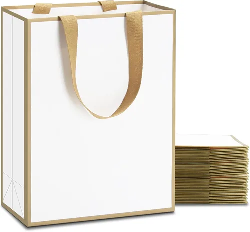 Bolsas de regalo blancas con marco dorado, 20 unidades, 8 x 4.25 x 10.5 pulgadas, medianas y blancas y doradas, elegantes bolsas de regalo de lujo