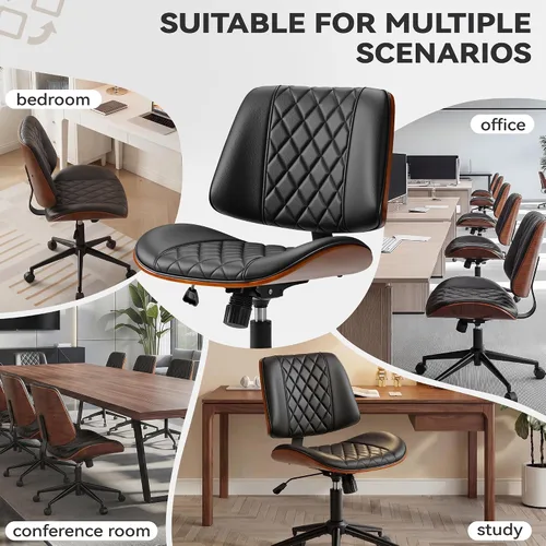 Miniatura 4 de JUMMICO Silla de escritorio de oficina sin brazos con ruedas, moderna silla de escritorio pequeña de cuero de nogal, altura ajustable, giro de 360°