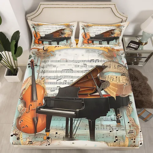 Miniatura 4 de Juego de sábanas de violonchelo de piano tamaño individual, juego de ropa de cama de 3 piezas para niños y niñas, decoración de habitación