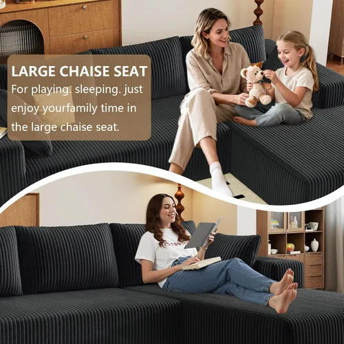 Miniatura 6 de Sofá seccional modular de 96", sofá en forma de L tipo nube sin estructura con chaise lounge, tapizado de pana con asiento profundo de espuma Negro