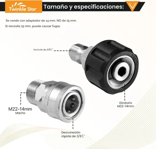 Miniatura 2 de Twinkle Star Juego de adaptadores para lavadora a presión, kit de desconexión rápida de acero inoxidable, M22 14 mm conexión rápida giratoria a