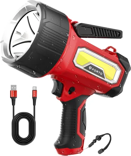 Miniatura 9 de FORTO Foco recargable, 200000 lúmenes, luz de mano con soporte plegable, 6 modos IPX7, impermeable, luces LED para pasear al perro, caza, camping