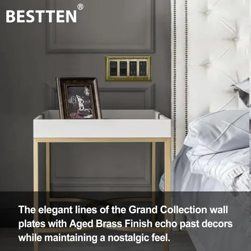 Miniatura 5 de BESTTEN Grand Collection - Placa de pared decorativa de latón envejecido de aleación de zinc de 4 cuadras, cubierta de enchufe de latón antiguo