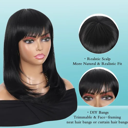 Miniatura 5 de Kalyss peluca de mujer larga lacia, de pelo sintético negro para mujeres (negro)