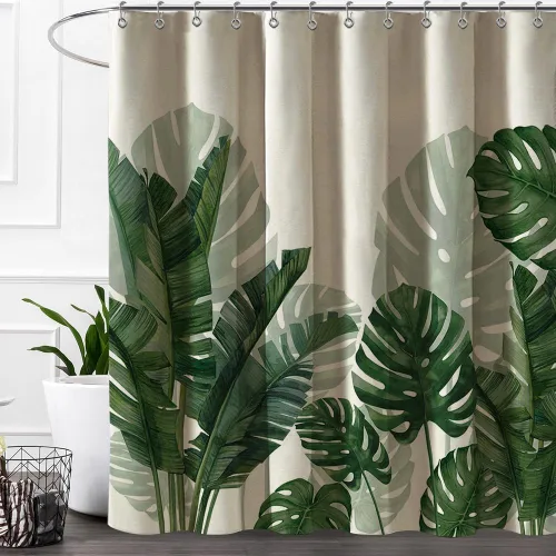 Baccessor Cortina de ducha de lino con hojas verdes tropicales, cortinas de ducha botánicas de plátano, hoja de Monstera, palmera, repelente al Hoja