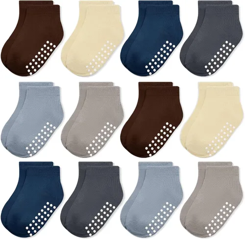 Miniatura 13 de JAKIDAR 12 pares de calcetines antideslizantes de algodón para niños y niñas, suela antideslizante para bebés y niños