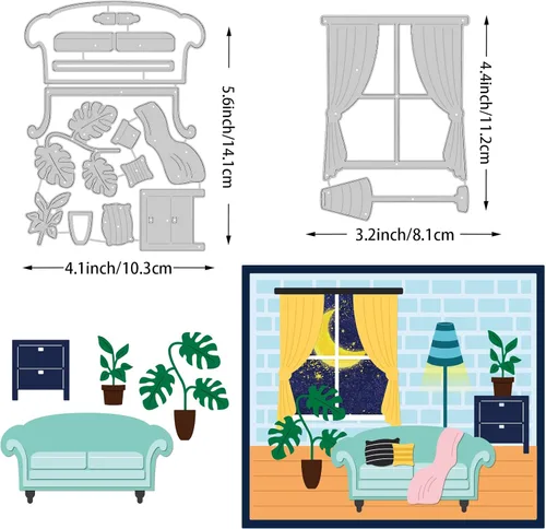 Miniatura 2 de BENECREAT 2 piezas de troqueles de metal para muebles, cómodos sofás y ventanas, luces verdes, plantas verdes, plantillas para decoración del hogar