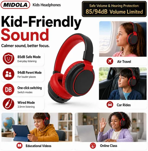 Miniatura 3 de MIDOLA Auriculares para niños Bluetooth 5.3 inalámbrico 60H tiempo de reproducción Volumen limitado 85/110dB sobre la oreja Auriculares de Negro