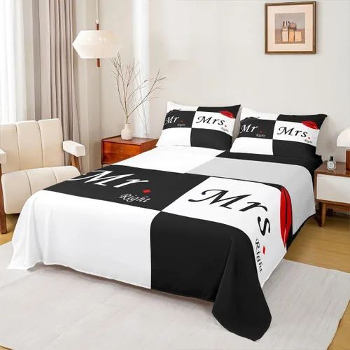 Miniatura 23 de Dog Side My Side - Juego de sábanas de tamaño Queen, color negro y blanco, sábana bajera ajustable para mujeres y hombres, sábanas románticas