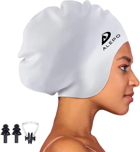 Miniatura 13 de Alepo Gorro de natación extra grande para mujeres y hombres, sombrero de natación de silicona duradera con protección para los oídos, unisex