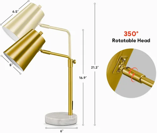 Miniatura 5 de VONLUCE Lámpara de escritorio dorada con bombilla LED ajustable, lámpara de mesa de metal de latón antiguo, base de mármol, lámpara de lectura 1# Oro