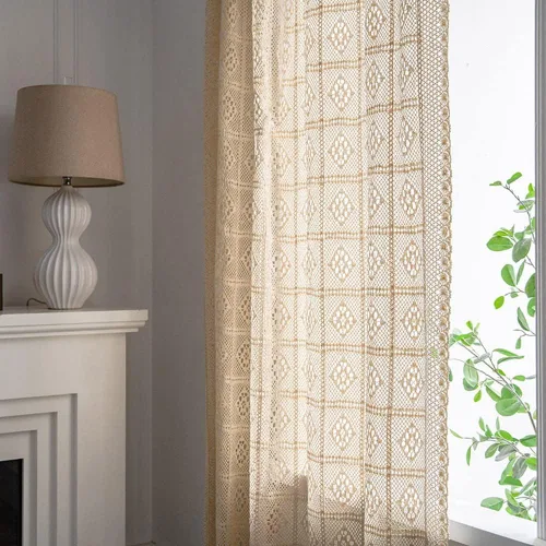 Miniatura 3 de Cortinas rústicas de ganchillo para sala de estar, paneles de cortina de encaje de punto hueco para dormitorio, bolsillo para barra, cortinas