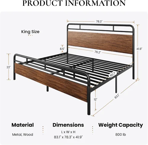 Miniatura 2 de SHA CERLIN Estructura de cama de tamaño king con cabecero y pie de cama de madera, estructura metálica de esquinas redondeadas, listones resistentes