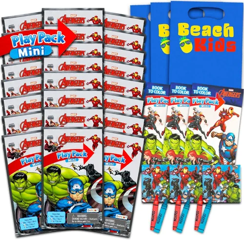 Marvel Avengers Mini Party Favors Set – Paquete con 24 mini paquetes Grab n Go Play con páginas para colorear, calcomanías, más | Suministros de