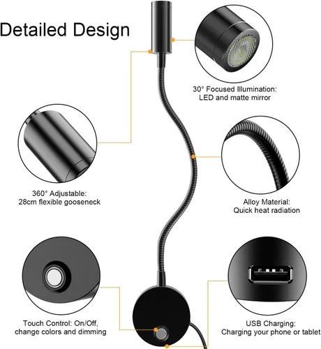 Miniatura 6 de Luz de lectura LED montada en la pared con cuello de cisne flexible de 15 pulgadas, luz de libro regulable para leer en la cama con puerto de carga
