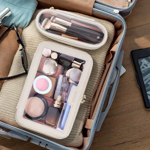 Miniatura 3 de Soimeat Bolsa de maquillaje transparente de viaje con bolsa para brochas de maquillaje, estuche de maquillaje de cuero, bolsa de cosméticos Blanco