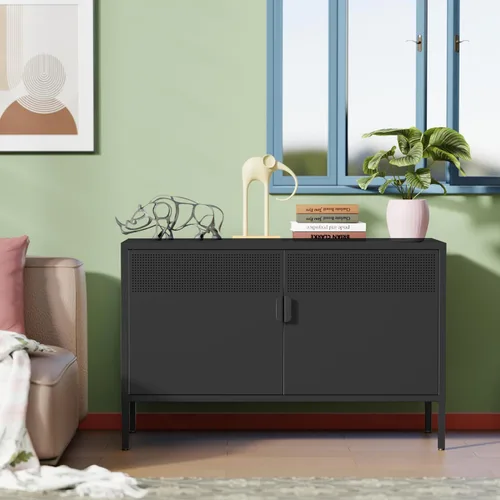 Miniatura 5 de Ustamio Gabinete de Almacenamiento de Metal Ancho Negro con Casillero, Gabinete de Acento de 2 Puertas para Hogar y Oficina, Gabinete de Metal Bajo