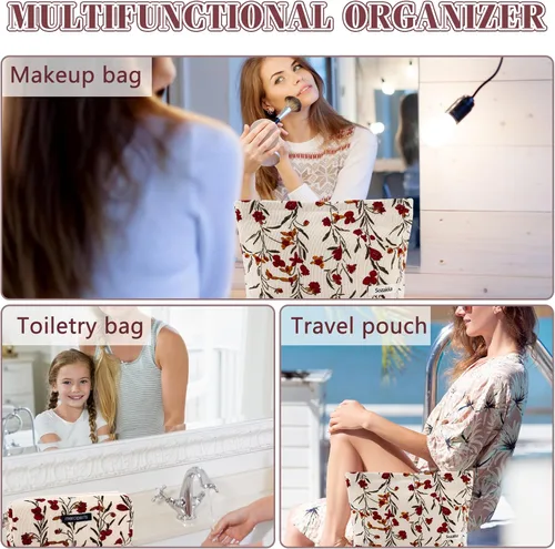 Miniatura 3 de Juego de 2 bolsas de maquillaje de flores con diseño floral para viajes para mujeres y niñas, bolsa de maquillaje grande con cremallera pequeña