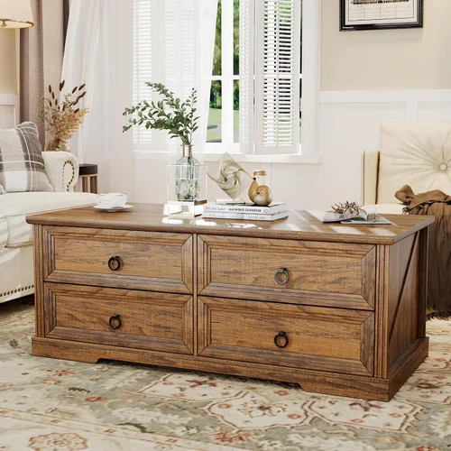 Miniatura 12 de Mesa de café Lareth 39 pulg. Mesa de centro rústica con pedestal de madera en X para sala de estar, ahorro de espacio, mesa de té de diseño