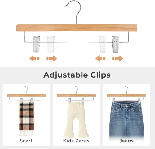 Miniatura 2 de HOUSE DAY Paquete de 25 perchas de madera de alta calidad para pantalones, perchas de falda de madera de loto maciza con 2 clips ajustables, Natural
