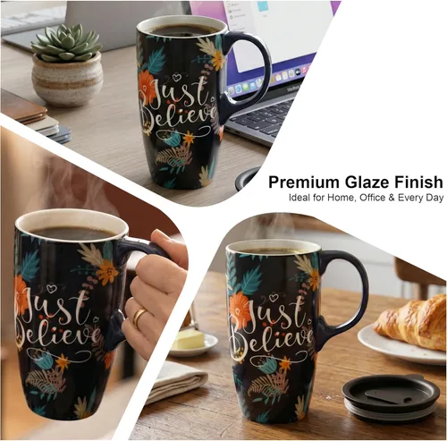 Miniatura 3 de Topadorn Taza de cerámica con tapa y asa, 17 oz. Taza de café alta para el hogar, perfecta para café y té, Just Believe Solo creer