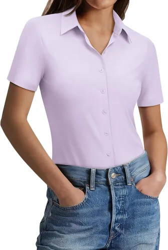 Miniatura 7 de Gleeivy Camisas con botones para mujer, ajustadas, de manga corta, elásticas, para el trabajo, sin arrugas, blusas de oficina