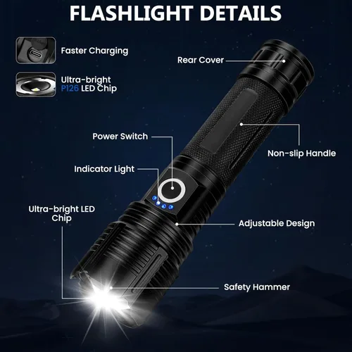Miniatura 8 de Paquete de 3 linternas recargables de alto lúmenes, 99,000 lúmenes, linterna LED súper brillante, potente luz de flash con 5 modos, linternas