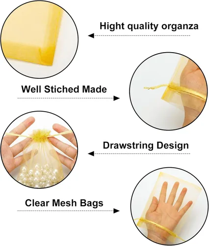 Miniatura 3 de G2PLUS - 25 bolsas de organza doradas de 5 x 7 pulgadas, bolsas de malla transparente para joyería, bolsas de regalo de organza con cordón