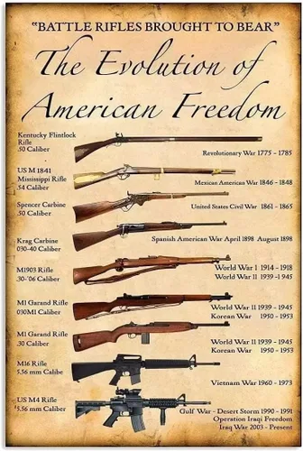 Cartel de metal con diseño de rifles de batalla traídos a soportar la evolución de la libertad americana, divertido póster de Club Man Cave Hall,