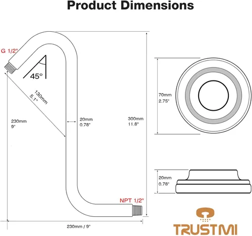 Miniatura 7 de TRUSTMI Brazo de ducha en forma de S de 12 pulgadas con brida resistente montado en la pared, tubo de extensión de cabezal de ducha con 9 pulgadas