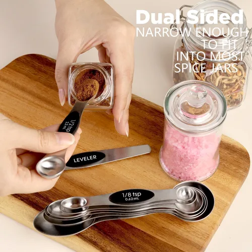 Miniatura 4 de ChefAide Paquete de 8 Cucharas Medidoras Magnéticas de Acero Inoxidable, de Doble Cara, Apilables, Cucharadita y Cucharada Medidoras Ajustables