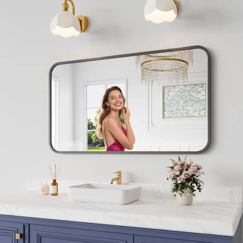 Miniatura 18 de Koonmi Espejo de baño, 30 x 30 pulgadas, espejo con marco de metal negro para baño, vidrio templado, antioxidante, espejo rectangular redondeado