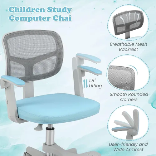 Miniatura 8 de Giantex Silla de escritorio para niños, silla rodante ergonómica ajustable con reposapiés y apoyabrazos abatibles, silla de oficina para niños