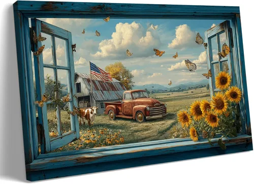 Miniatura 14 de Decoración rústica de granja en lienzo con ventana abierta, impresiones artísticas para pared, pintura de camión viejo, lienzo de granero y bandera