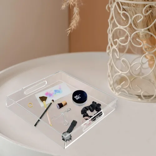 Miniatura 2 de Bandeja de acrílico para servir (12 x 12 x 2 pulgadas) con asas, a prueba de derrames, bandeja decorativa transparente para aperitivos, desayuno