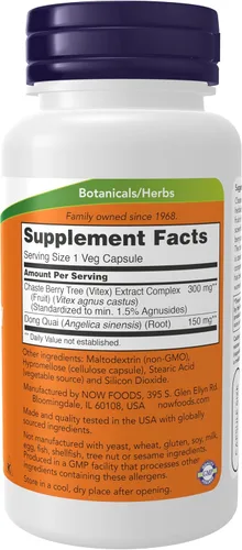 Miniatura 2 de Suplementos NOW, extracto de bayas de Vitex Chaste de 300 mg con dong quai, salud de la mujer*, 90 cápsulas vegetales