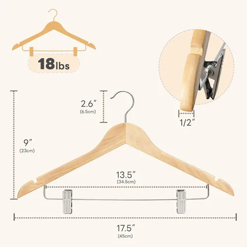 Miniatura 3 de HOUSE DAY Paquete de 12 perchas de madera de alta calidad para trajes, perchas para faldas con clips de madera maciza para pantalones, acabado liso