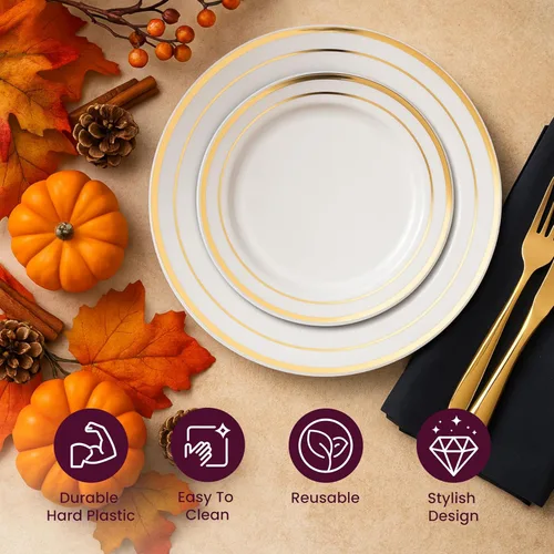 Miniatura 5 de Aya's Cutlery Kingdom 100 platos de plástico blanco y dorado para la cena de Acción de Gracias, platos elegantes para fiesta, 50 platos de cena