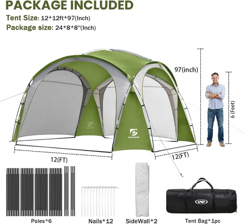 Miniatura 6 de UNICAMPER Tienda de playa de 12 x 12 pies, toldo desplegable grande UPF50+ con pared lateral de 2 piezas, refugio solar resistente a la lluvia